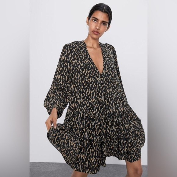 ZARA Claris Leopard Print Black & Tan Swing Mini Dress Size Medium - Picture 2 of 7